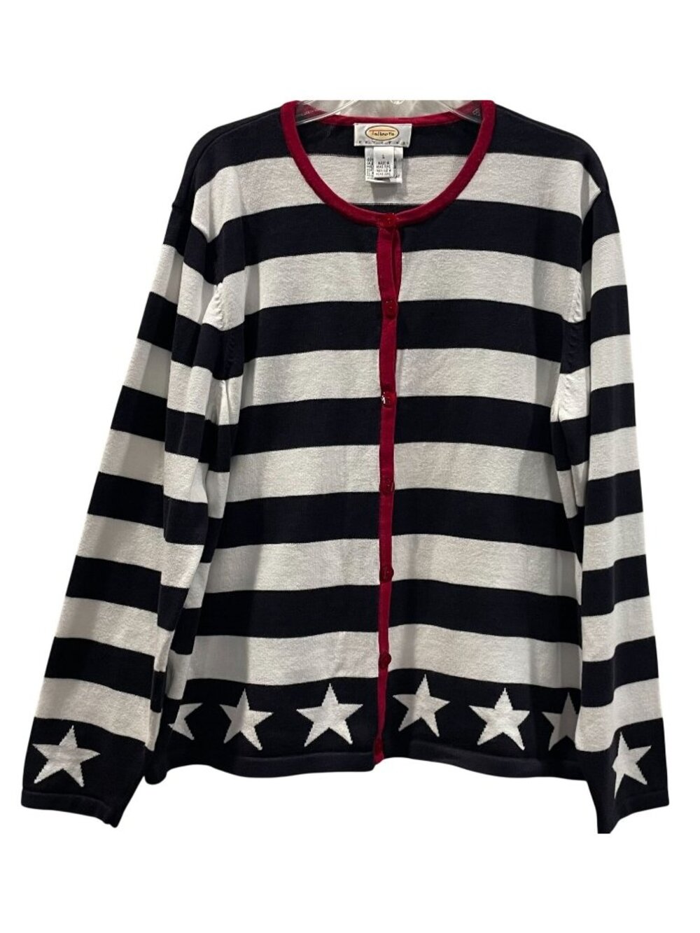 Talbots Cotton Cardigan PL Black Red Striped Stars Nautical Sailor Chic Coastal
